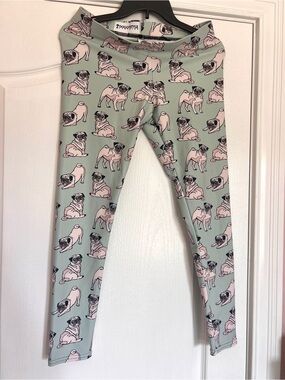 Kids Pug Print Leggings - Sage Green with Fawn Pugs